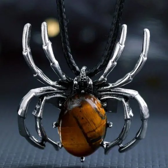 Tiger Eye Stone Spider Brooch Pendant Necklace Healing Gemstone Pendant - Picture 1 of 3